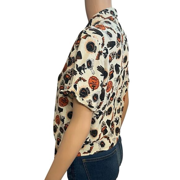 Spirit Halloween Creature Of The Night Button Down Shirt Large Tied Skull Cat - Picture 3 of 8